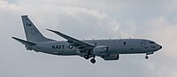 A Boeing P-8 Poseidon, tail number 168761, on final approach at Kadena Air Base in Okinawa, Japan. It is assigned to Patrol Squadron 45 (VP-45) at NAS Jacksonville, Florida, United States.