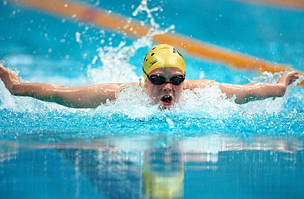 Action shot of Australian swimming star Siobhan Paton, who won six gold medals at the 2000 Summer Paralympics