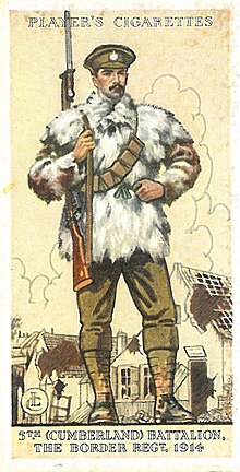 Player's cigarette card showing a lance corporal of the 5th (Cumberland) Battalion, The Border Regiment in 1914 while in France. 5th (Cumberland) Battalion, The Border Regiment Cigarette Card.jpg