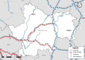 Mapa da rede rodoviária nacional (rodovias e estradas nacionais) no departamento de Saône-et-Loire