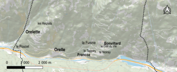 Carte en couleurs localisant les hameaux à Orelle, avec Orelle au centre, Orellette et le Poucet à l'ouest, Bonvillard et le Crêt du Vlé au nord-est ou encore Francoz au sud.