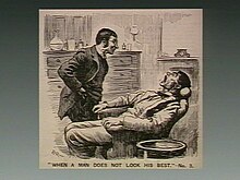 Un dentista racconta una barzelletta al suo paziente nel bel mezzo di un'operazione. Incisione su legno, 1891.