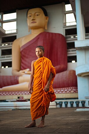 Nuori buddhalaismunkki oranssissa kaavussan Sri Lankassa. Taustalla suuri Buddhan patsas.