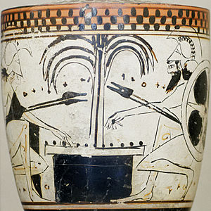 Akhilleus ve Aias, cenaze törenleriyle ilişkili bir tür yağ depolama gemisi olan MÖ 5. yüzyılın başlarındaki bu lekythos'ta bir zar oyunu oynuyor