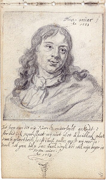 File:Album amicorum Jacob Heyblocq KB131H26 - p171 - Hendrick ten Oever - Poem with a pasted drawing of probably Hendrick ten Oever himself.jpg