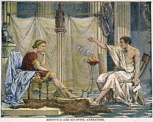 Aristoteles en zijn leerling Alexandre, bedacht door de graveur Charles Laplante in 1866