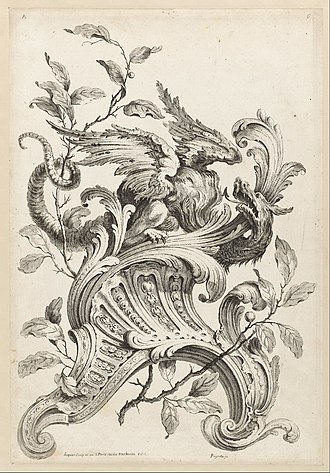 etching on white laid paper, Winged Griffon on a Rocaille Bracket, from Premiere Partie Diverse Ornements by Alexis Peyrotte, Cooper-Hewitt, National Design Museum, 1745 Alexis Peyrotte - Winged Griffon on a Rocaille Bracket, from Premiere Partie Diverse Ornements - Google Art Project.jpg