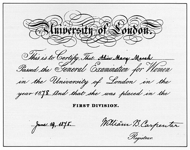 General Examination for Women certificate from 1878. These were issued 1869–1878, before women were admitted to degrees of the university.