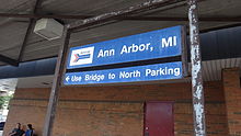 Sign at the platform Ann Arbor Michigan Amtrak station sign.JPG