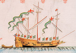 Et seilskip med fire master med en liten øgle-lignende skulptur i baugen