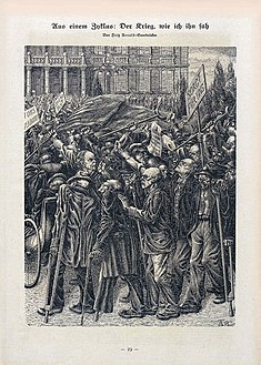 Défilé de mutilés de guerre : « La fin d'un cycle : la guerre comme je l'ai vue » dessin de Fritz Arnold (de), Simplicissimus, v. 1918-1921
