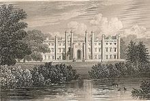 A drawing by John Preston Neale of Ashburnham Place in 1828 showing the lake in front Ashburnham Place by JP Neale in 1828.jpg