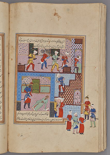 File:Attack of the sons of Mubariz al-Din on their father, folio from a manuscript of Nigaristan, Iran, probably Shiraz, dated 1573-74.jpg