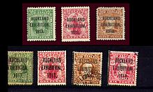 Forged overprints on 1913 New Zealand stamps Auckland Exhibition forgery.jpg