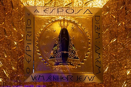 An image of the Immaculate Conception statue as Our Lady of Aparecida that is venerated as national patroness in Aparecida, Brazil.