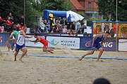 Deutsch: Beachhandball Europameisterschaften 2019 (Beach handball Euro); Tag 3: 4. Juli 2019 – Männer, Platzierungsrunde Gruppe IV, Rumänien-Portugal 2:0 (15:14, 25:24) English: Beach handball Euro; Day 3: 4 July 2019 – Men Consolation Round Group IV – Romania-Portugal 2:0 (15:14, 25:24)