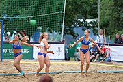 Deutsch: Beachhandball Europameisterschaften 2019 (Beach handball Euro); Tag 5: 6. Juli 2019 – Frauen, Platzierungsspiel für die Ränge 5–8, Rumänien-Zypern 2:0 (18:17, 18:14) English: Beach handball Euro; Day 5: 6 July 2019 – Placement Match/Cross Match for rank 17–20 Women – Romania-Cyprus 2:0 (18:17, 18:14)