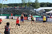 Deutsch: Beachhandball Europameisterschaften 2019 (Beach handball Euro); Tag 1: 2. Juli 2019 – Männer, Vorrunde Gruppe D, Frankreich-Montenegro 2:0 (19:7, 18:9) English: Beach handball Euro; Day 1: 2 July 2019 – Men Preliminary Round Group D – France-Montenegro 2:0 (19:7, 18:9)