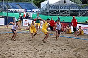 Deutsch: Beachhandball Europameisterschaften 2019 (Beach handball Euro); Tag 1: 2. Juli 2019 – Männer, Vorrunde Gruppe C, Italien-Nordmazedonien 2:1 (12:18, 22:13, 7:6) English: Beach handball Euro; Day 1: 2 July 2019 – Men Preliminary Round Group C – Italy-North Mecedonia 2:1 (12:18, 22:13, 7:6)