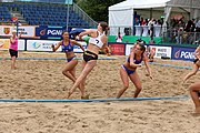 Deutsch: Beachhandball Europameisterschaften 2019 (Beach handball Euro); Tag 5: 6. Juli 2019 – Frauen, Halbfinale, Ungarn-Niederlande 2:0 (19:16, 15:12) English: Beach handball Euro; Day 5: 6 July 2019 – Semifinal Women – Hungary-Netherlands 2:0 (19:16, 15:12)