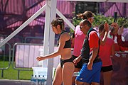 Deutsch: Beachhandball bei den Olympischen Jugendspielen 2018; Tag 4, 10. Oktober 2018; Mädchen, Vorrunde, Gruppe A - Venezuela-Paraguay 1:2 English: Beach handball at the 2018 Summer Youth Olympics at 10 October 2018 – Girls Preliminary Round Group A - Venezuela-Paraguay 1:2