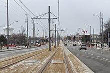 Snowed-over green track on the line's surface section just west of Birchmount Road Birchmount green track.jpg