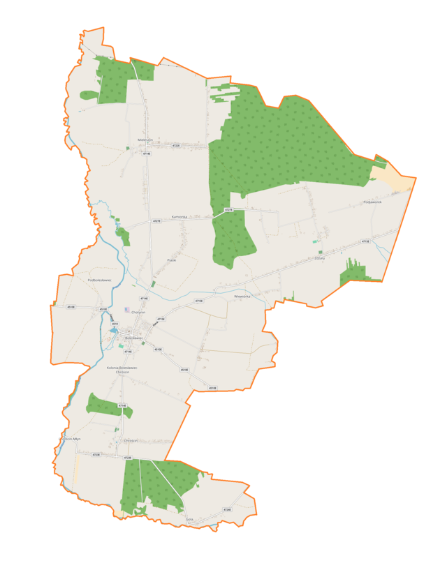 Mapa konturowa gminy Bolesławiec, po lewej znajduje się punkt z opisem „Bolesławiec”