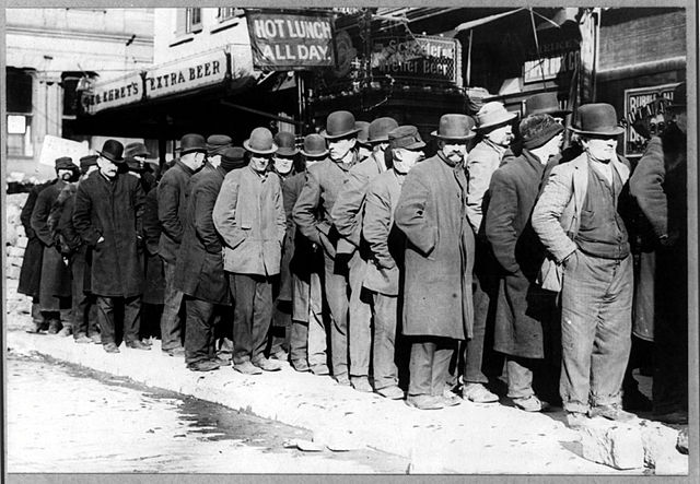 Bowery men waiting for bread in bread line, New York City, Bain Collection, From WikimediaPhotos
