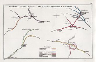 A 1905 Railway Clearing House Junction Diagram showing (upper left) railways in the vicinity of Grindley Bromshall, Clifton (Molyneux), Hay, Liskeard, Patricroft & Uttoxeter RJD 148.jpg