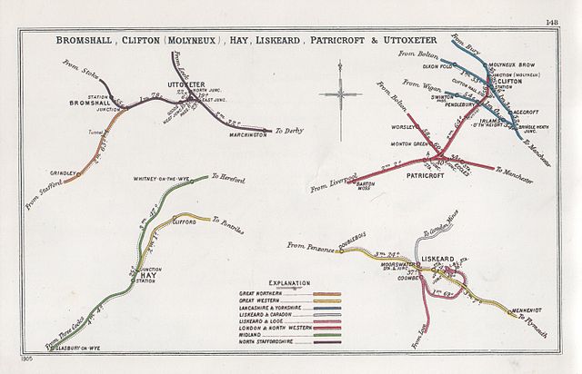 A 1905 Railway Clearing House Junction Diagram showing (lower right) railways in the vicinity of Doublebois