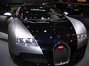 A silver and black Veyron on display at the 2004 Paris Motor Show.