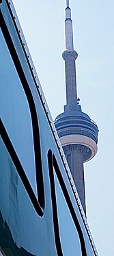 CN Tower and commuter train in Toronto