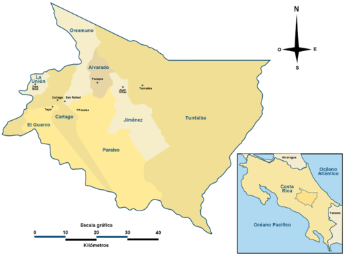 Mapa com os cantões da província de Cartago