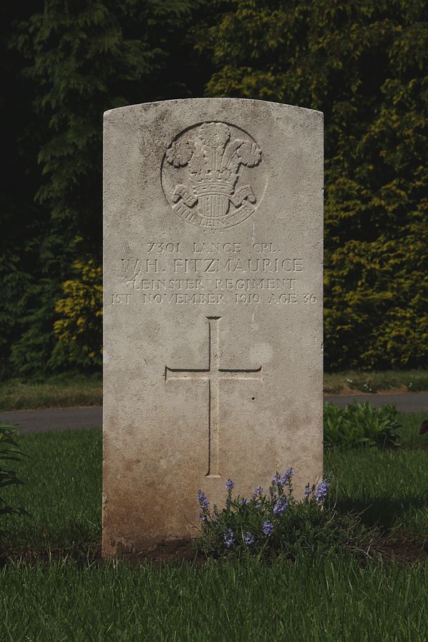 Grave in Cathays Cemetery, Cardiff, Wales, of Sergeant WH Fitzmaurice, Leinster Regiment, who died in 1919