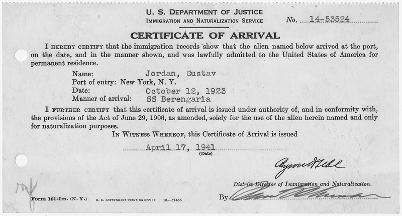 File:Certificate of Arrival for Gustav Jordan. - NARA - 281942.tif