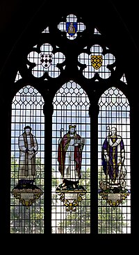 Stained glass window in Chichester Cathedral depicting Reginald Pecock, Ralph of Luffa and Wilfrid, all Bishops of Chichester Chichestercathedralwindowwilfredluffapeacock.jpg
