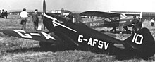 The 1939-built Chilton D.W.1A at Leeds (Yeadon) Airport in May 1955 during the national air races Chilton D.W.1 Yeadon 1955.jpg