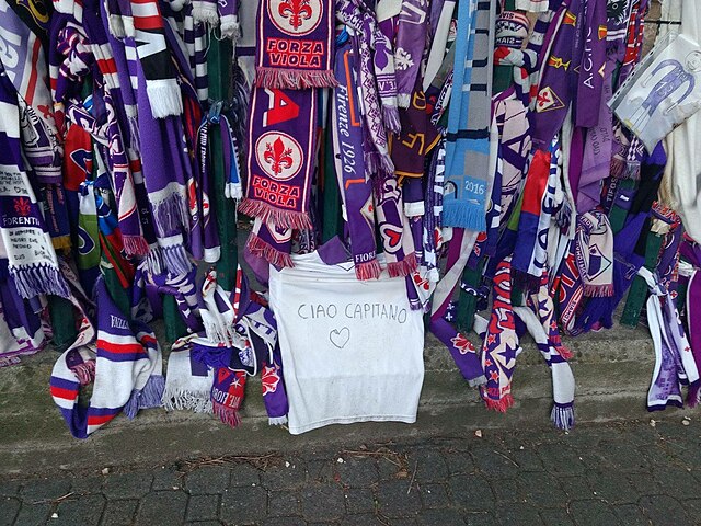 A memorial wall dedicated to Davide Astori, Stadio Artemio Franchi, Florence. "Ciao Capitano" became a farewell to Astori.