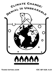 Artwork of a distressed polar bear stranded on the tip of an iceberg, morphing into the Earth below the waterline. The Earth submerged in a pot of boiling water above the flames of a gas stove. Climate-Change-Denial-Is-Unbearable.svg