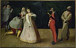 Maleri av en italiensk commedia dell'arte-forestilling ca. 1580. Den røde skikkelsen er gjerrigknarken Pantalone.