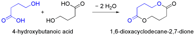 两分子4-羟基丁酸缩合生成十元的1,6-二氧杂环癸烷-2,7-二酮。