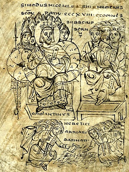 Constantine I burning Arian books, illustration from a book of canon law, c. 825.
