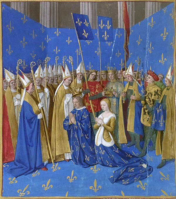 Coronation of Louis VIII of France and Blanche of Castile at Reims in 1223; a miniature from the Grandes Chroniques de France, c. 1450.