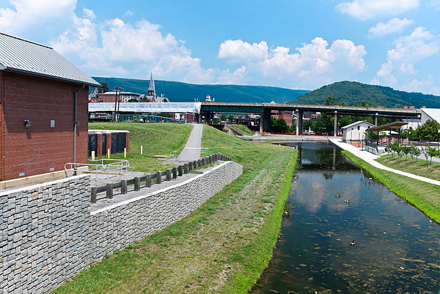 Terminus of the Chesapeake and Ohio Canal in Cumberland. Highway bridge is Interstate 68. Canal Place Museum is the brick building behind bridge.