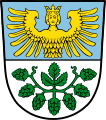 Gemeinde Leinburg Geteilt; oben in Blau ein gekrönter halber goldener Jungfrauenadler, unten in Silber eine grüne Hopfenranke mit sieben halbkreisförmig angeordneten Dolden und einem Blatt.