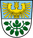 Gemeinde Leinburg Geteilt; oben in Blau ein gekrönter halber goldener Jungfrauenadler, unten in Silber eine grüne Hopfenranke mit sieben halbkreisförmig angeordneten Dolden und einem Blatt.