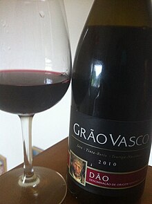 A glass of Dao wine made from Jaen, Touriga Nacional and Tinta Roriz Dao red wine.jpg