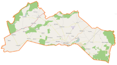 Mapa konturowa gminy Debrzno, blisko centrum na dole znajduje się punkt z opisem „Debrzno”