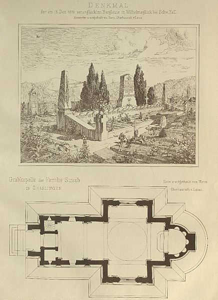 File:Denkmal für verunglückte Bergleute in Wilhelmsglück bei Schwäbisch Hall und Grundriss der Grabkapelle der Familie Straub in Geislingen.jpg