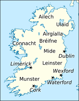 Locations of significant Norse-Gaelic settlements, including the Kingdom of Dublin, and major Irish kingdoms, including Kingdom of Munster. Domnall Gerrlamhach (map).png